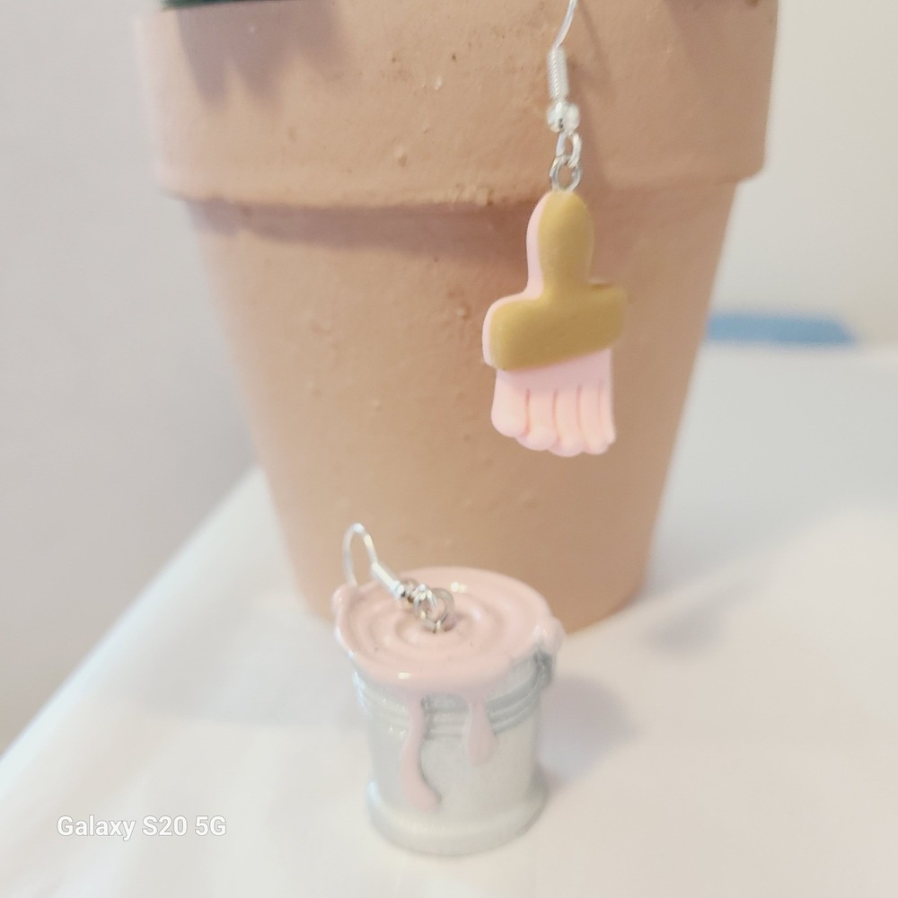 Paint Bucket Brush Earrings Silver Tone Artist Painter Craft Dangle Drop - Picture 8 of 11